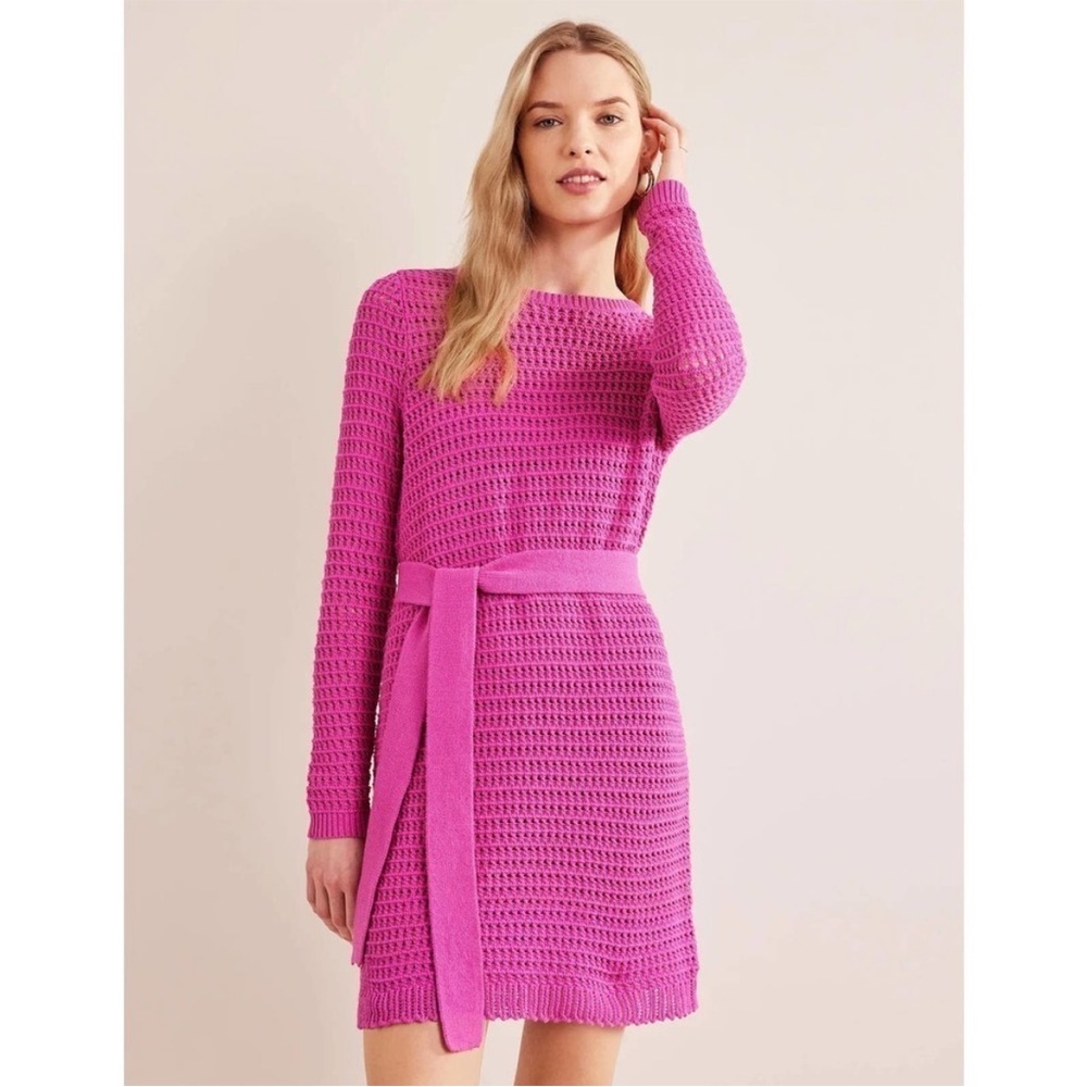 Boden Sz 12L Fuchsia Pink Crochet Knit Beach Lounge Long Sleeve Sweater Dress